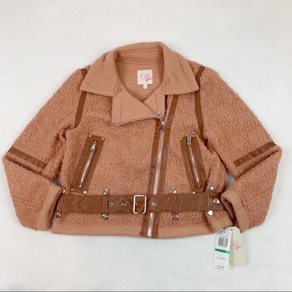GB Girls faux fur Moto jacket leather‎ trim